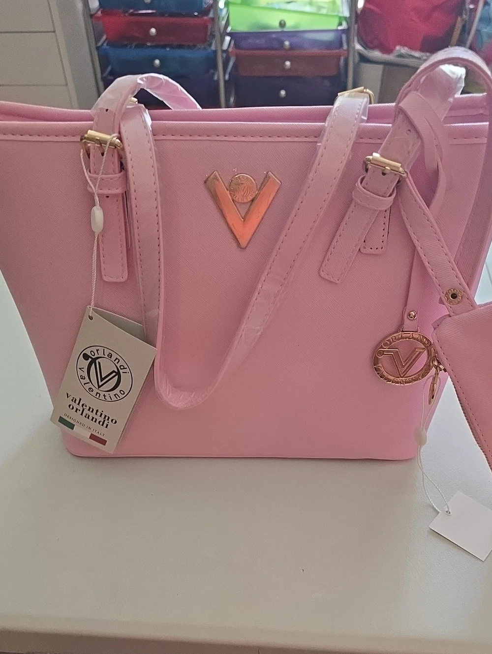 Valentino Orlandi Pink Tote with Gold Accents